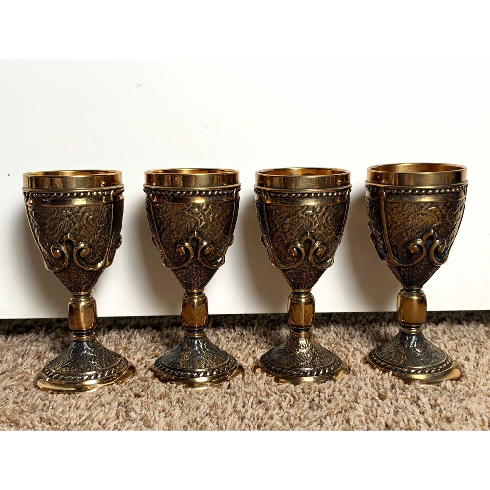Vintage Heavy Cast Metal Fleur de Lis Goblets Set of 4 Gothic Chalice